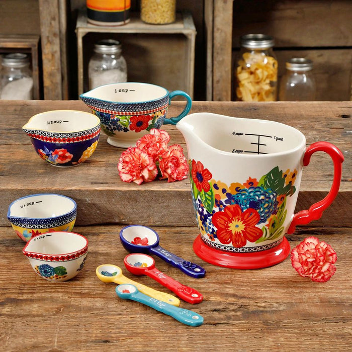 Dazzling Dahlias 9-Piece Stoneware Measuring Set