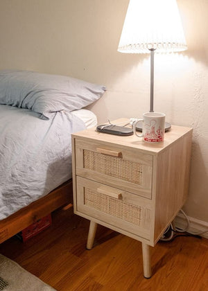 Set of 2 Nightstands, End Tables, Side Tables w/ 2 Hand Made Rattan Decorated Drawers For Bed Room