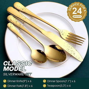 Gold Silverware Set, 24pcs Gold Forged Stainless Steel Flatware Set, Service of 6