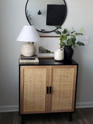 Mid-Century Farmhouse Rattan Accent Sideboard Buffet Cabinet, Cupboard Console Table, Side Table
