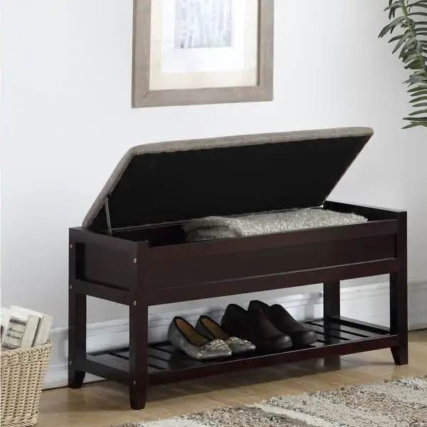 Solid Wood Shoe Bench With Padded Seat And Storage, Espresso, Entryway Bench, Shelves, Shoe Rack