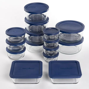 Clear Glass Storage 30 Piece Set with Navy Lids