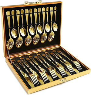 Gold Silverware Set, 24pcs Gold Forged Stainless Steel Flatware Set, Service of 6