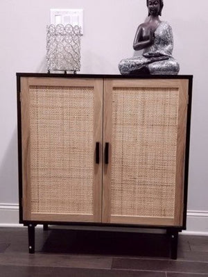 Mid-Century Farmhouse Rattan Accent Sideboard Buffet Cabinet, Cupboard Console Table, Side Table