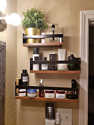 Set of 3 with Black Iron Rail, Wall Mount Storage Shelf for Bathroom Kitchen Bedroom