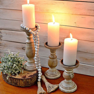 Set of 3 White Mango Wood Turned Style Pillar Candle Holder