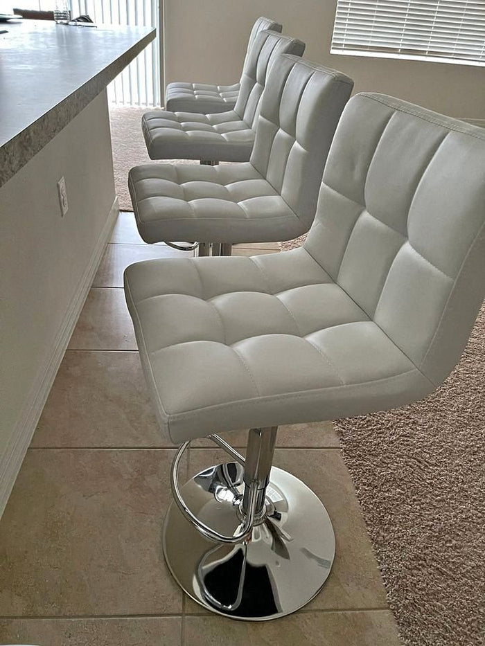 Set of 4 White Modern Bar Stools PU Leather Chairs w/3 Level Gas Rod Metal Frame