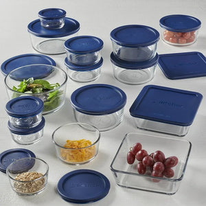 Clear Glass Storage 30 Piece Set with Navy Lids