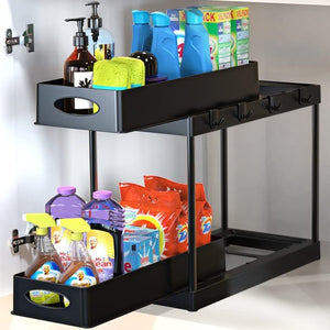 Sink Organizers with 4 Hooks, 2 Tier Pull Out Under Sink Storage