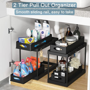 Sink Organizers with 4 Hooks, 2 Tier Pull Out Under Sink Storage