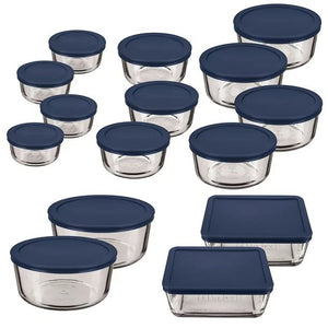 Clear Glass Storage 30 Piece Set with Navy Lids