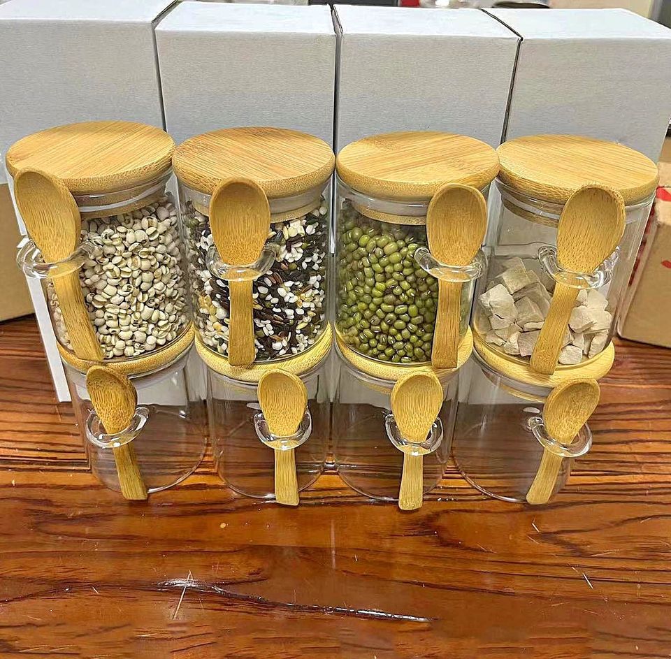 Set of 8 Airtight Mini Glass Jars with Bamboo Lids and Bamboo Spoons