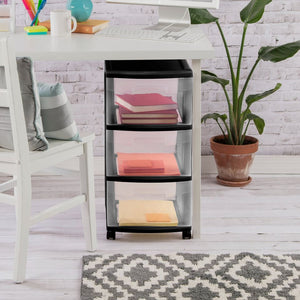 3 Drawer Plastic Cart, Black with Clear Drawers