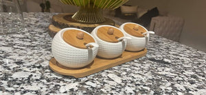 Set of 3 Porcelain Condiment Jar Spice Container with Lids - Bamboo Cap Holder Spot, Serving Spoon
