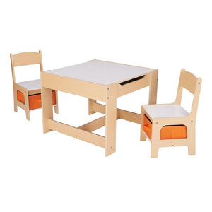 New! 3 Piece Kids Wooden Storage Table and Chairs Set, Natural Color