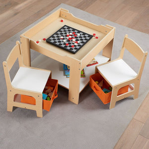 New! 3 Piece Kids Wooden Storage Table and Chairs Set, Natural Color