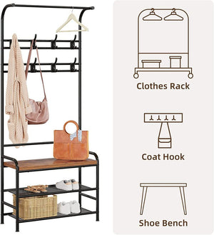 Coat Rack Shoe Bench, 3-in-1 Hall Tree Shoe Rack for Entryway, 3-Tier Storage Shelf and 8 Hooks