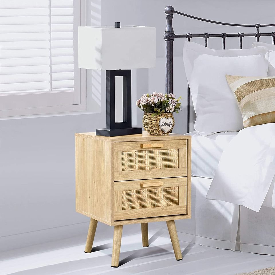 Set of 2 Nightstands, End Side Tables Rattan Decorated Drawers