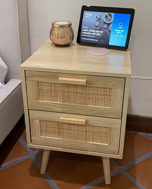 Set of 2 Nightstands, End Side Tables Rattan Decorated Drawers