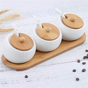 Set of 3 Porcelain Condiment Jar Spice Container with Lids - Bamboo Cap Holder Spot, Serving Spoon