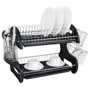 Dish Drainer Multifunctional Drying Rack Dual Layer Dishes Glasses Cutleries Black