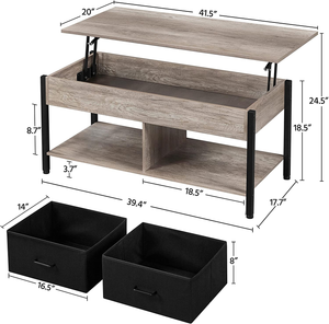 41 Inch Raisable Top Coffee Table with Shelf for Living Room, Lift-top Coffee Table w/Hidden Storage Compartment and 2 Fabric Baskets