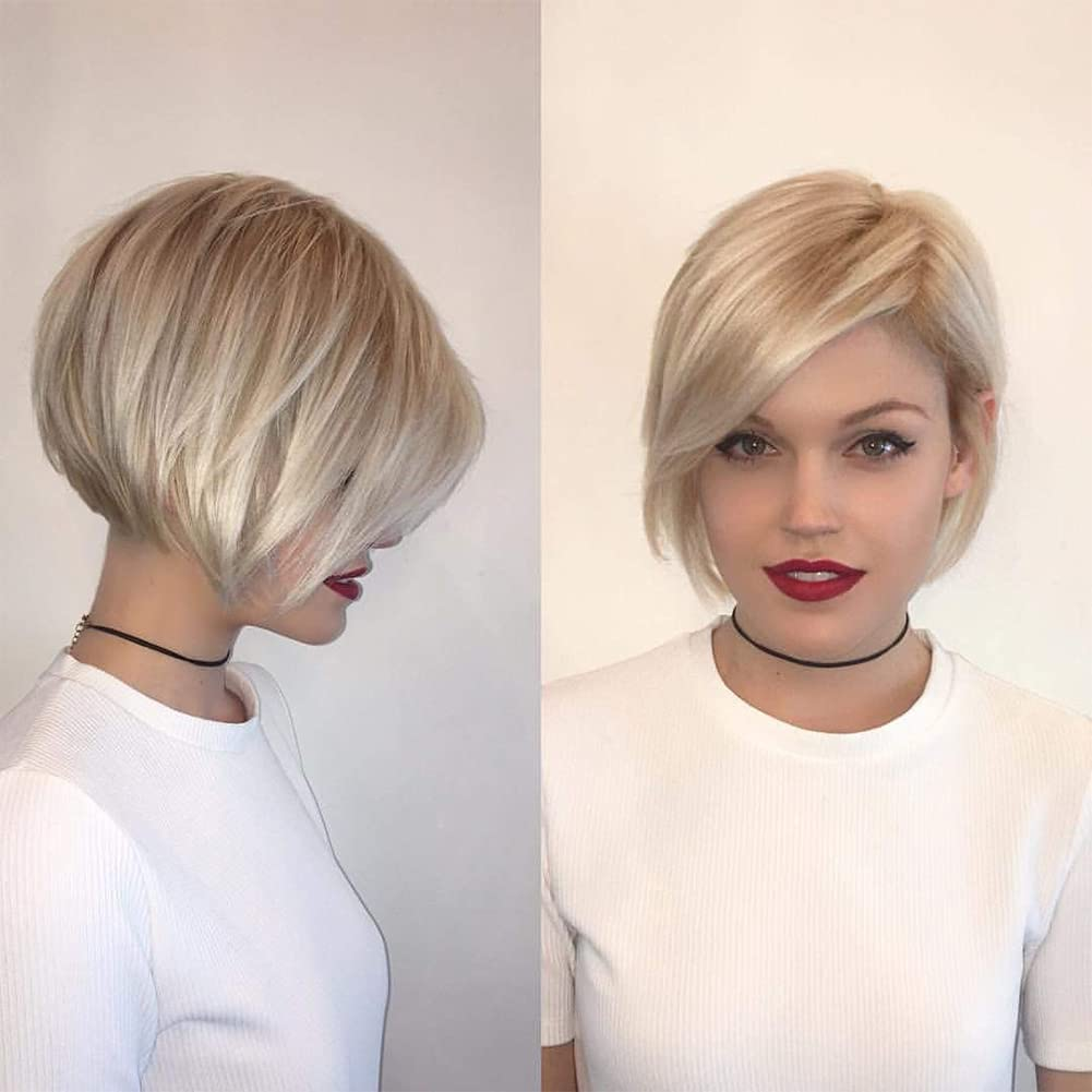Short Blonde Pixie Bob Wigs for Women Cute Bob Layered Mixed Blonde Synthetic Wig Straight Hair