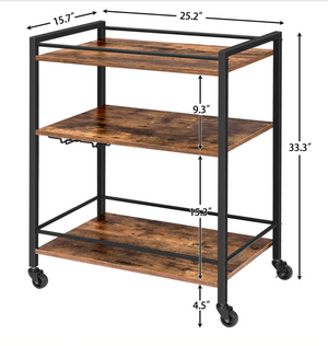 Bar Cart, Rolling Serving Cart with Wine Glasses Hooks, 3-Tier Utility Cart