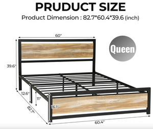 Queen Size Bed Frame with Headboard, Rustic Metal Bed Frame
