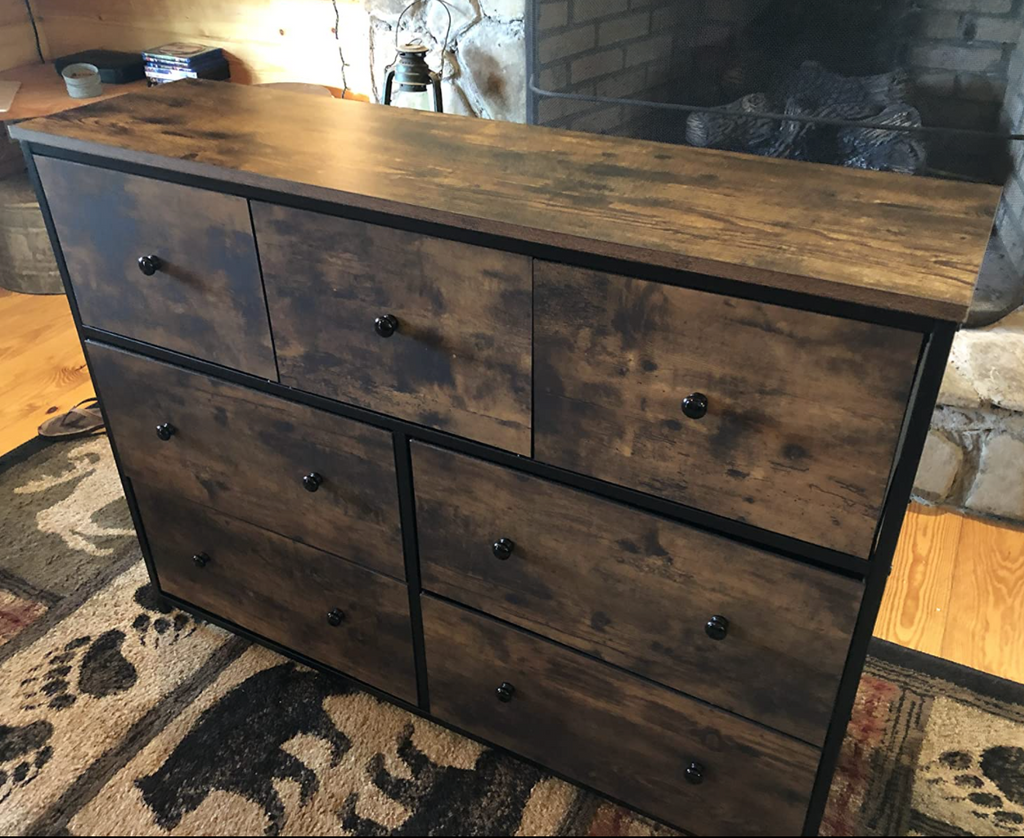Industrial Wide Dresser, Storage Tower, Rustic Chest of Drawers with 7 Fabric Drawers
