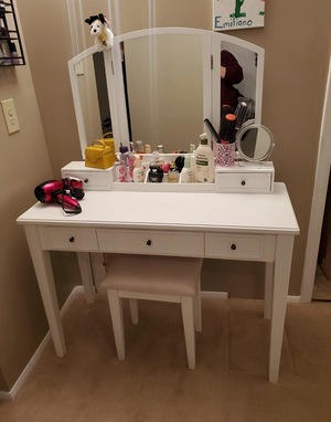 Makeup Vanity Set, Makeup Dressing Table Set with Tri-Fold Mirror