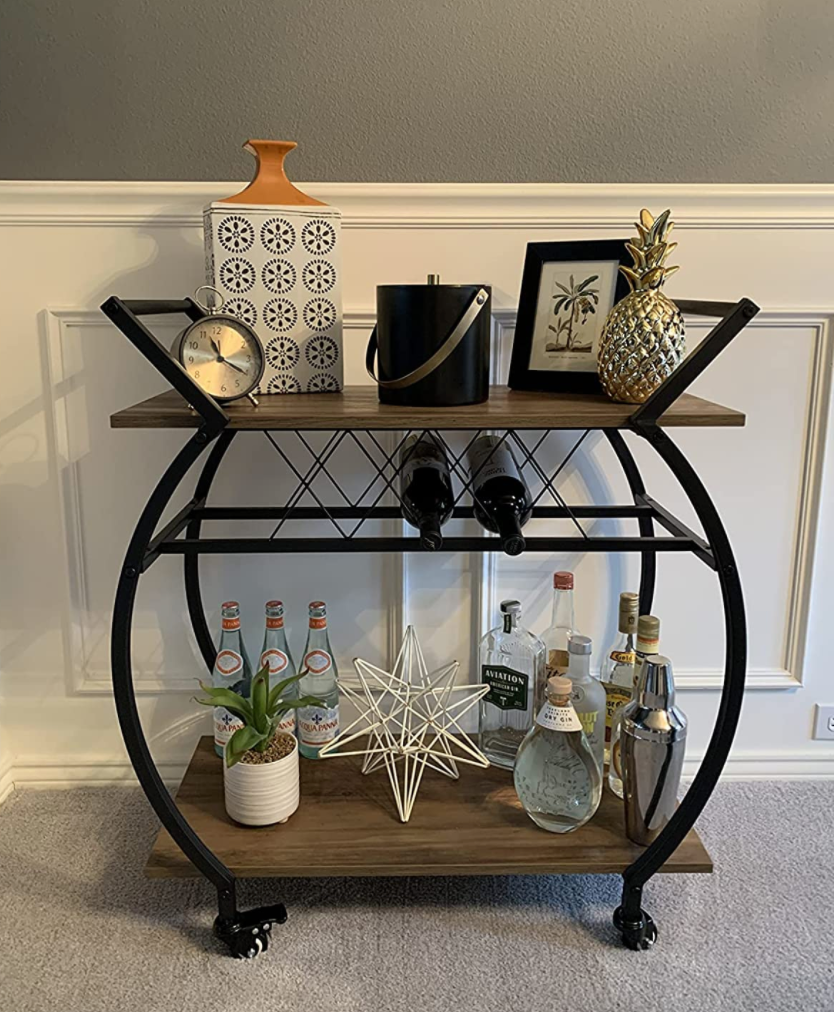 Bar Cart with Wine Rack, 2 Tier Kitchen Coffee Cart on Wheels
