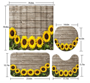4 Pcs Shower Curtain Set Autumn Sunflowers Wooden Board 72 x 72 inch