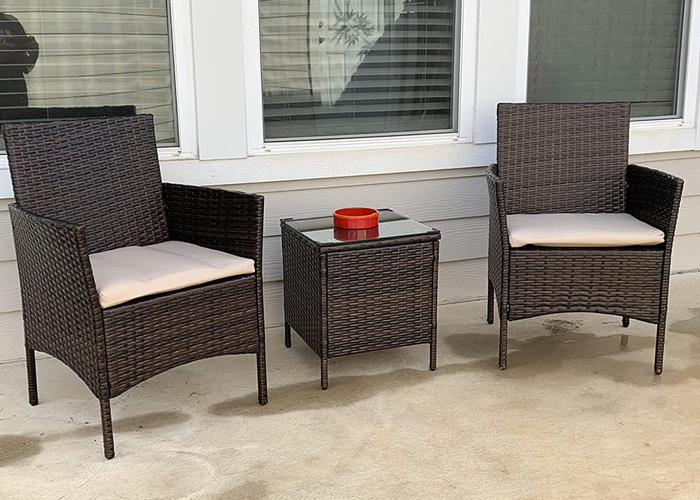 3 Pieces Outdoor Patio Porch Furniture Sets, PE Rattan Wicker Chairs with Table