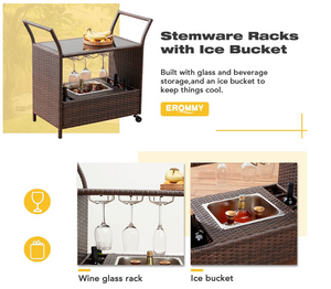 Outdoor Wicker Bar Cart,Rolling Patio Wine Cart with Ice Bucket,Glass Countertop