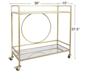 Gold Rolling Bar Cart with 2 Mirrored Shelves,, Wine Drink Trolley Cart with Lockable Wheels