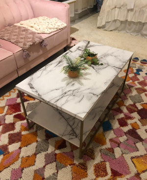 White Marble Print Coffee Table with Gold Metal Legs, 2 Tier Living Room Table
