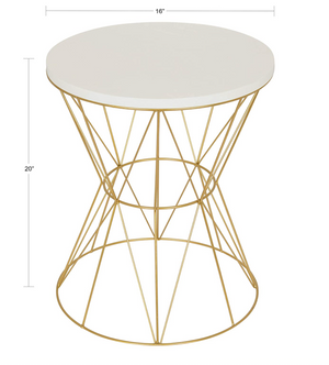 Round Accent Table with Cage Metal Frame, White and Gold
