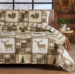 Lodge Bedspread King Size Quilt with 2 Shams. Cabin 3-Piece Reversible All Season Quilt Set