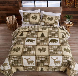 Lodge Bedspread King Size Quilt with 2 Shams. Cabin 3-Piece Reversible All Season Quilt Set