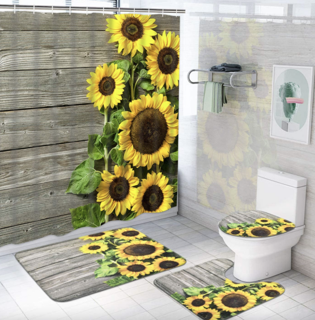 4 Pcs Sunflower Shower Curtain Sets with Non-Slip Rugs, Toilet Lid Cover and Bath Mat, Rustic Wooden Plank