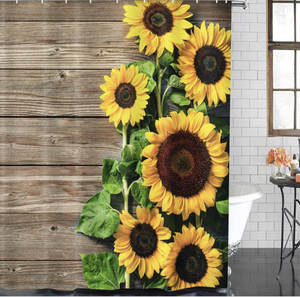4 Pcs Shower Curtain Set Sunflowers Wooden Board Vintage Vibrant Vivid Yellow 72" x 72"