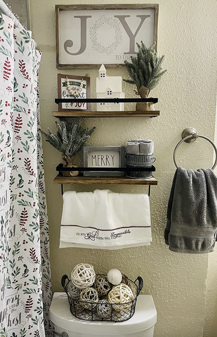 Floating Shelves, Wall Shelves Set of 2, Bathroom Shelves with Towel Bar