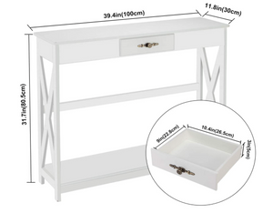 White Entryway Table with Drawer and Shelf, Slim Console Tables with Storage