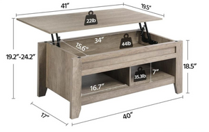 Lift Top Coffee Table with Hidden Storage Compartment & Lower Shelf, 41in L, Gray